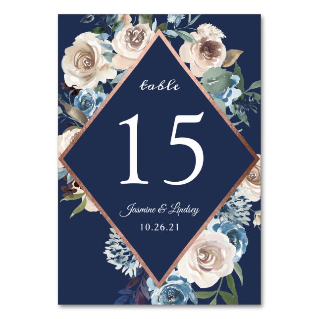 Whimsical Floral Navy Blue Rose Gold Wedding Table Number (Front)