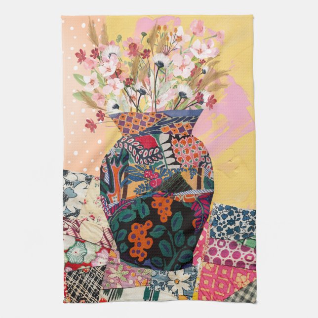 Whimsical Floral Paper Collage Mixed    Tea Towel (Vertical)