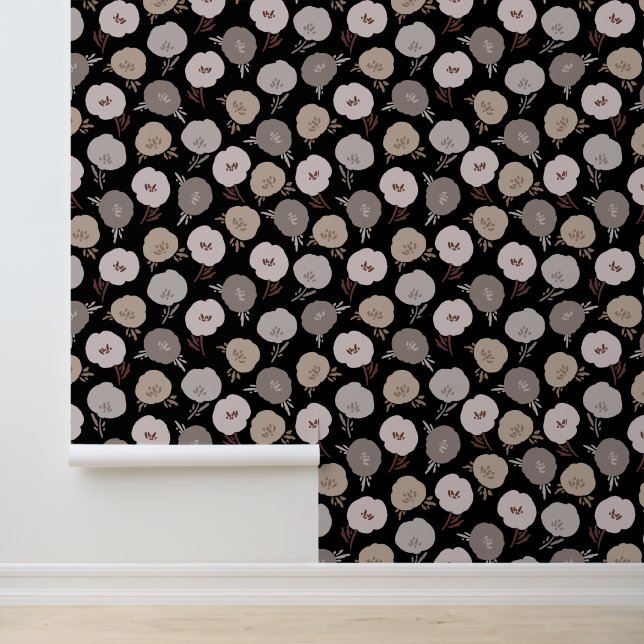 Whimsical Floral Pattern Black Wallpaper (Application)