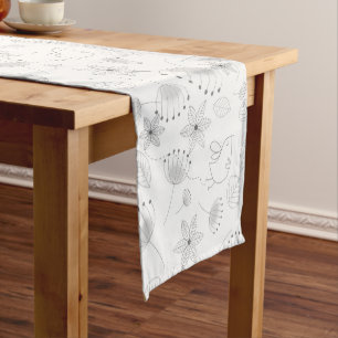 Whimsical Floral Pattern in Black and White Short Table Runner