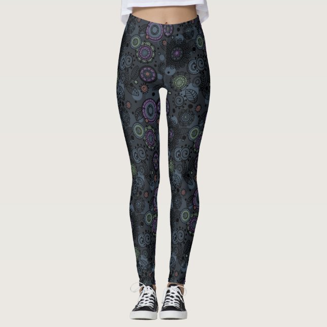 Whimsical Floral Patterned Leggings Grey Tones (Front)