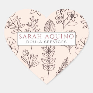 Whimsical Floral Pink Doula Or Midwife Promotional Heart Sticker