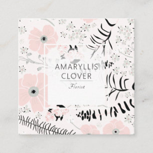 Whimsical Floral Pink Grey Black Patterned Flowers Square Business Card