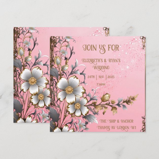 Whimsical Floral Pink Romance Wedding Invitation (Front/Back)