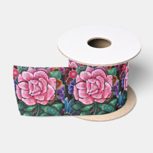 Whimsical Floral Pink Rose Art Nouveau Botanical Satin Ribbon