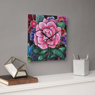 Whimsical Floral Pink Rose Art Nouveau Botanical Square Wall Clock