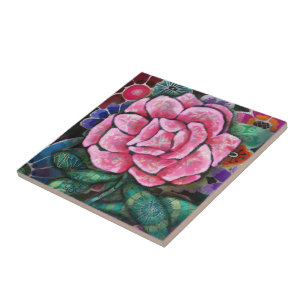 Whimsical Floral Pink Rose Art Nouveau Botanical Tile