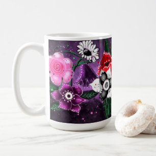 Whimsical Floral Purple Black Pink Daisy Daffodil Coffee Mug