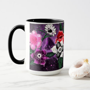 Whimsical Floral Purple Black Pink Daisy Daffodil Mug