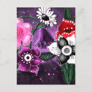 Whimsical Floral Purple Black Pink Daisy Daffodil Postcard