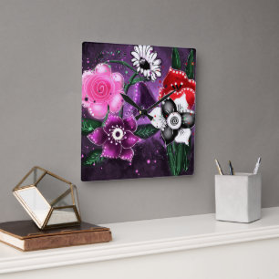 Whimsical Floral Purple Black Pink Daisy Daffodil  Square Wall Clock