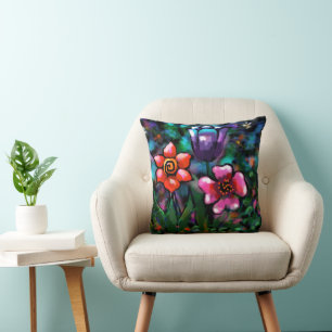 Whimsical Floral Purple Blue Pink Flower Flowers Cushion