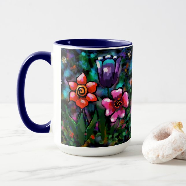 Whimsical Floral Purple Blue Pink Flower Flowers Mug (With Donut)