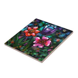 Whimsical Floral Purple Blue Pink Flower Flowers Tile