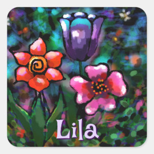 Whimsical Floral Purple Blue Pink Personalised Square Sticker