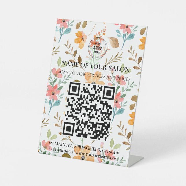 Whimsical Floral QR Code Salon Services Sign (Front)