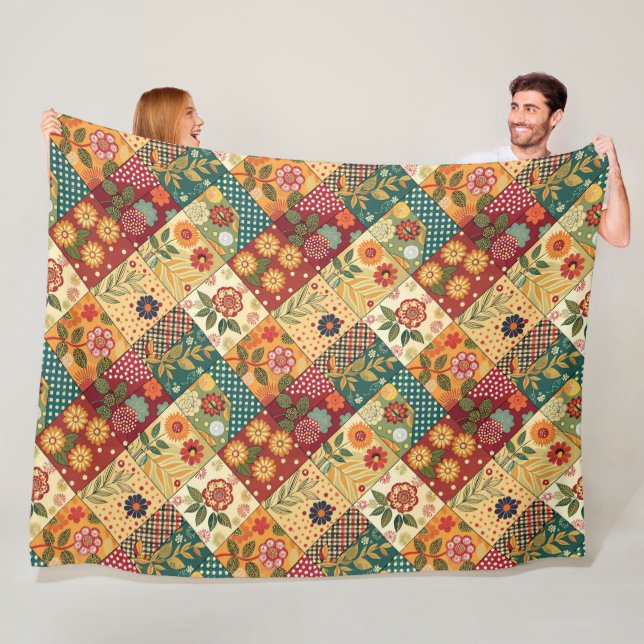 Whimsical Floral Quilt Print Pattern Fleece Blanket (In Situ)