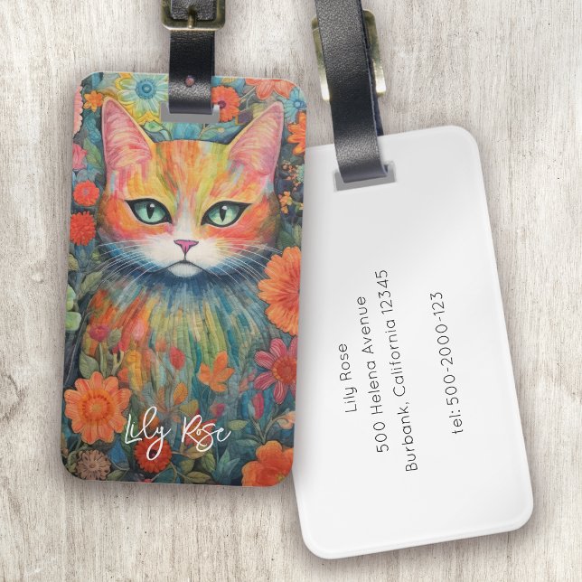 Whimsical Floral Quilted Cat Monogram Luggage Tag (Creator Uploaded)