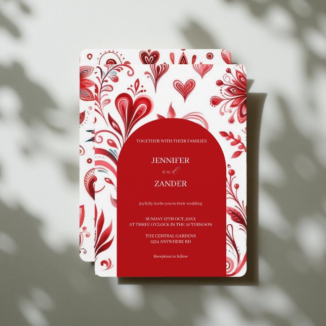 Whimsical Floral Red Elegant Bold Holiday Wedding Invitation (Creator Uploaded)
