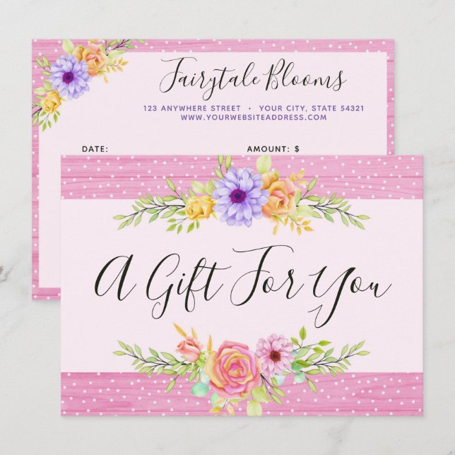 Whimsical Floral Roses Pink Gift Certificate Card (Front/Back)