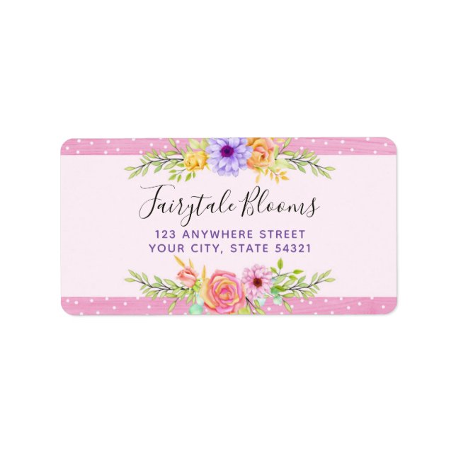 Whimsical Floral Roses & Rustic Pink Wood Address Label (Front)