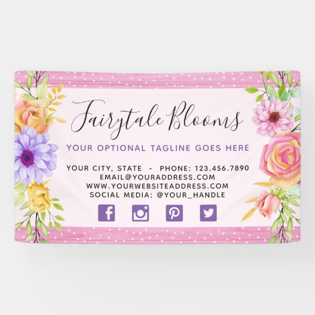 Whimsical Floral Roses & Rustic Pink Wood Girly Banner (Horizontal)