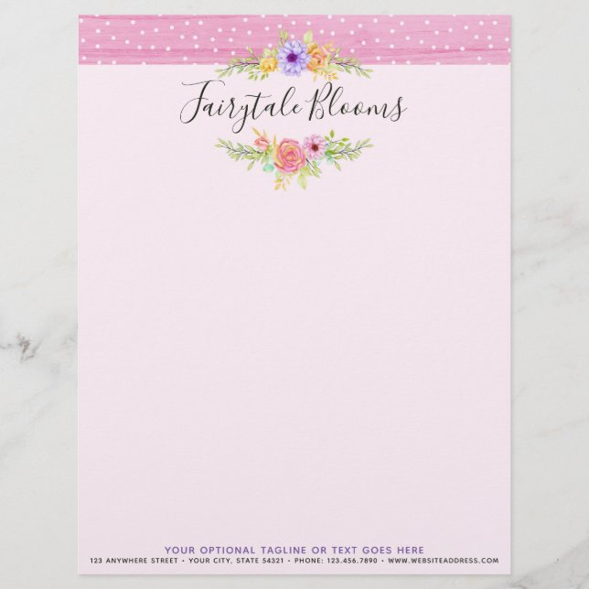 Whimsical Floral Roses & Rustic Pink Wood Girly Custom Letterhead (Front)