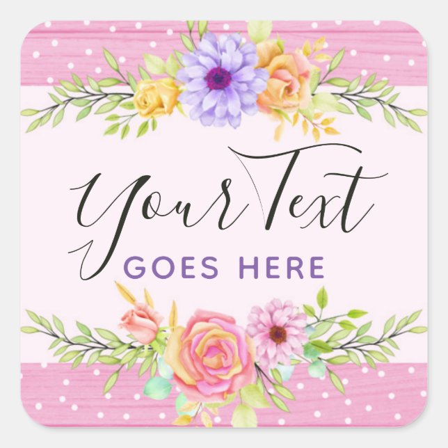 Whimsical Floral Roses & Rustic Pink Wood Girly Square Sticker (Front)
