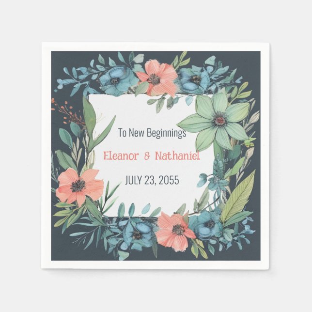 Whimsical Floral Salmon Blue Green Wedding Napkin (Front)