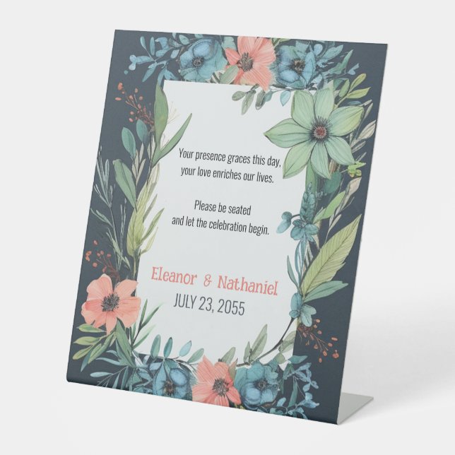 Whimsical Floral Salmon Blue Green Wedding Pedestal Sign (Front)