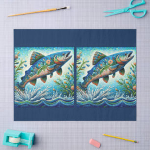 Whimsical Floral Salmon Fish Blue Decoupage Tissue Paper