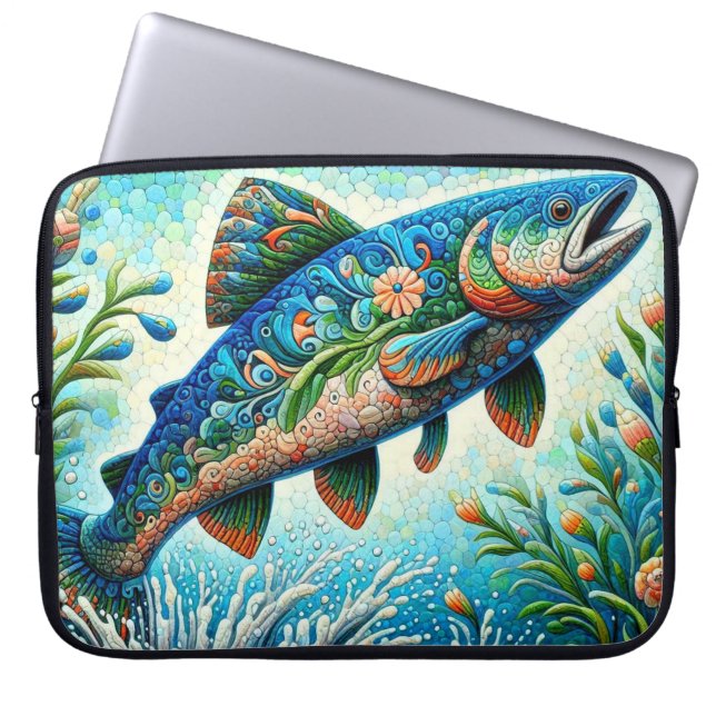 Whimsical Floral Salmon Fish Blue Green Peach Laptop Sleeve (Front)