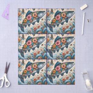 Whimsical Floral Salmon Fish Decoupage Tissue Paper