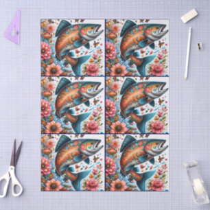 Whimsical Floral Salmon Fish Decoupage Tissue Paper