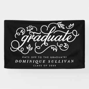 Whimsical Floral Script Black & White Graduation Banner