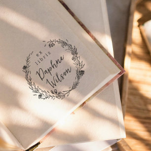 Whimsical Floral Simple Calligraphy Ex Libris Book Rubber Stamp