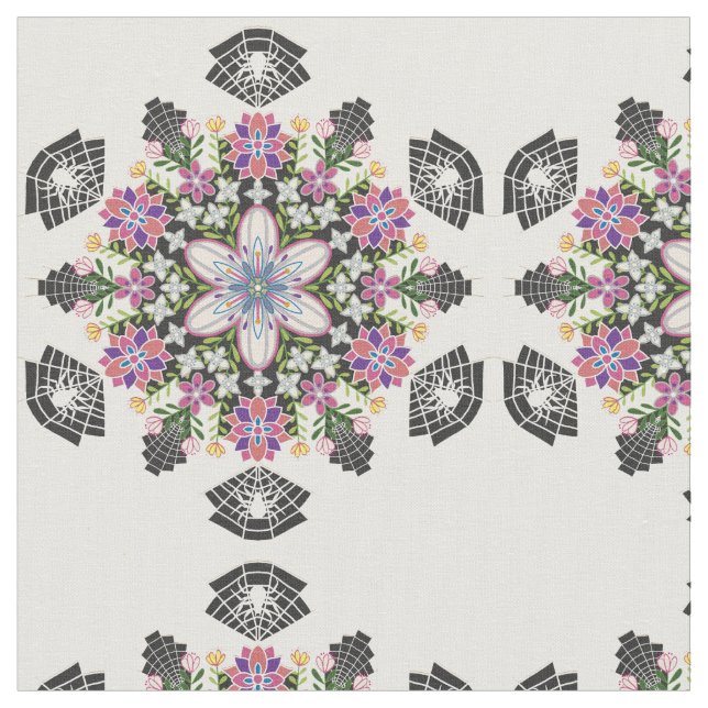 Whimsical floral Spiders mandala fabric (Close Up)