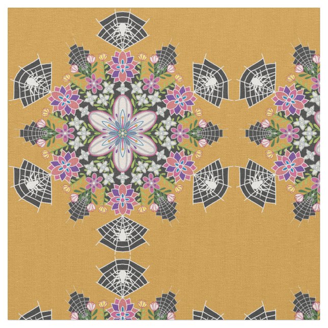 Whimsical floral Spiders mandala fabric (Close Up)