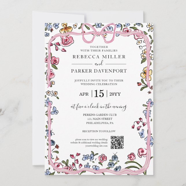 Whimsical floral spring modern Wedding QR Code Invitation (Front)