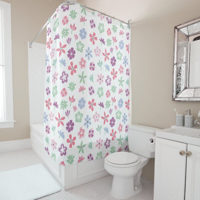 Whimsical Floral Spring Pattern Shower Curtain (In Situ)