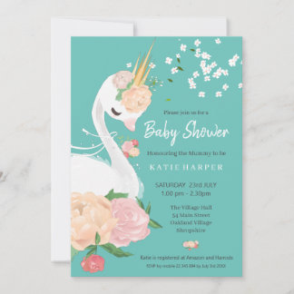 Whimsical Floral Swan Baby Shower Invitation