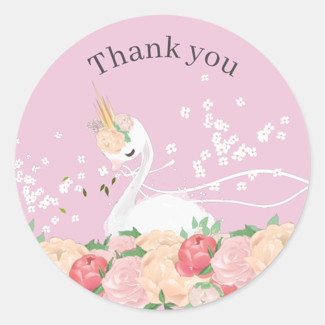 Whimsical floral swan Baby shower Thankyou Classic Round Sticker (Front)