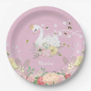 Whimsical Floral Swan Birthday Paper Plate