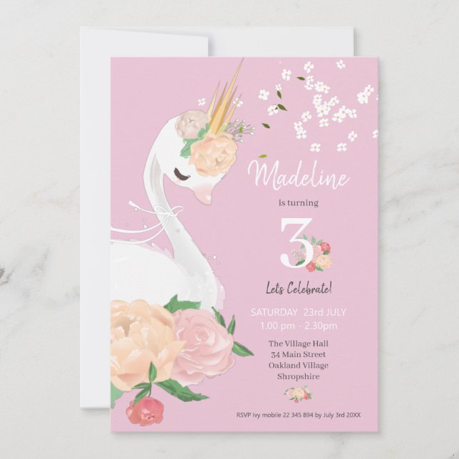 Whimsical Floral Swan Girls Birthday  Invitation (Front)