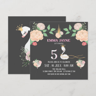 Whimsical Floral Swan Girls Birthday Invitation