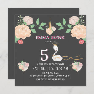 Whimsical Floral Swan Girls Birthday Invitation