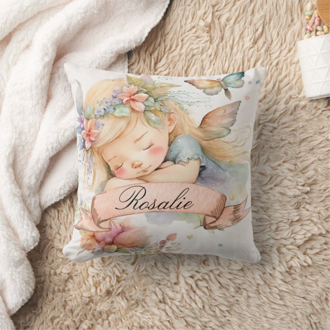Whimsical Floral Sweet Dreams Sleeping Fairy Girl Cushion (Blanket)