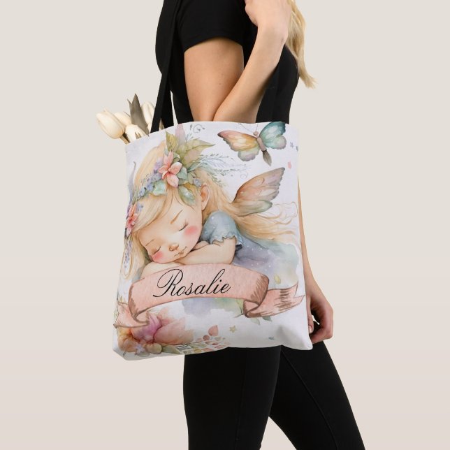 Whimsical Floral Sweet Dreams Sleeping Fairy Girl Tote Bag (Close Up)