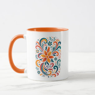 Whimsical Floral Swirl Mug - Orange Accent Handle