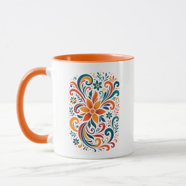 Whimsical Floral Swirl Mug - Orange  Accent Handle (Left)